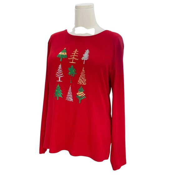 Holiday Lane Christmas Tree Red Long Sleeve Top Petites XL Cozy Wintercore - Picture 5 of 10